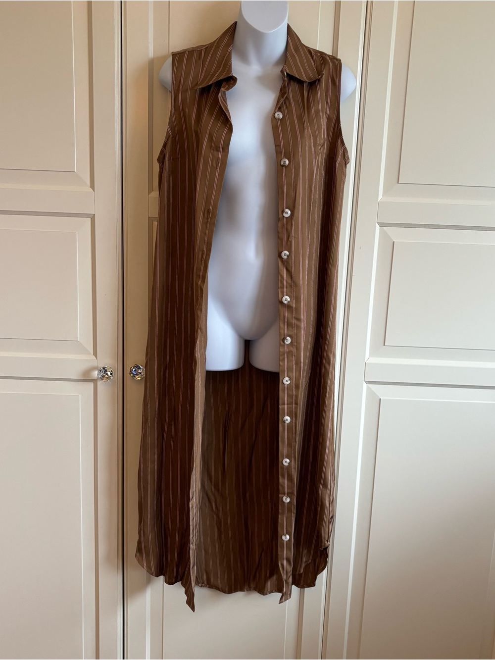 Wyeth Brown Pinstripe Shirt Dress Pink Detail NWT Sz M Coastal Cottagecore - Picture 5 of 14